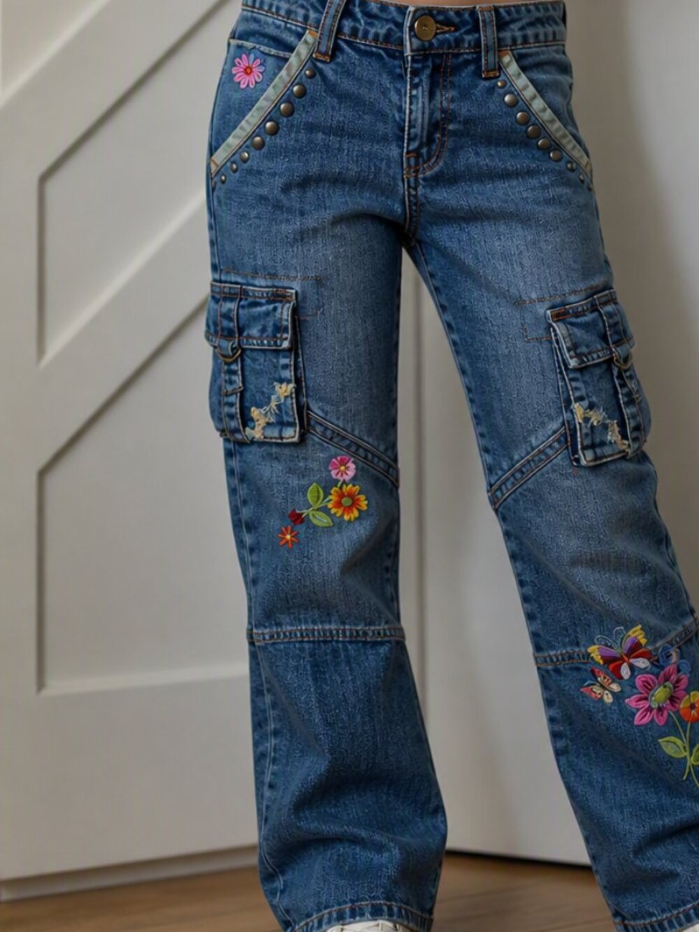 Bootcut embroidered floral studded unique jeans embellished